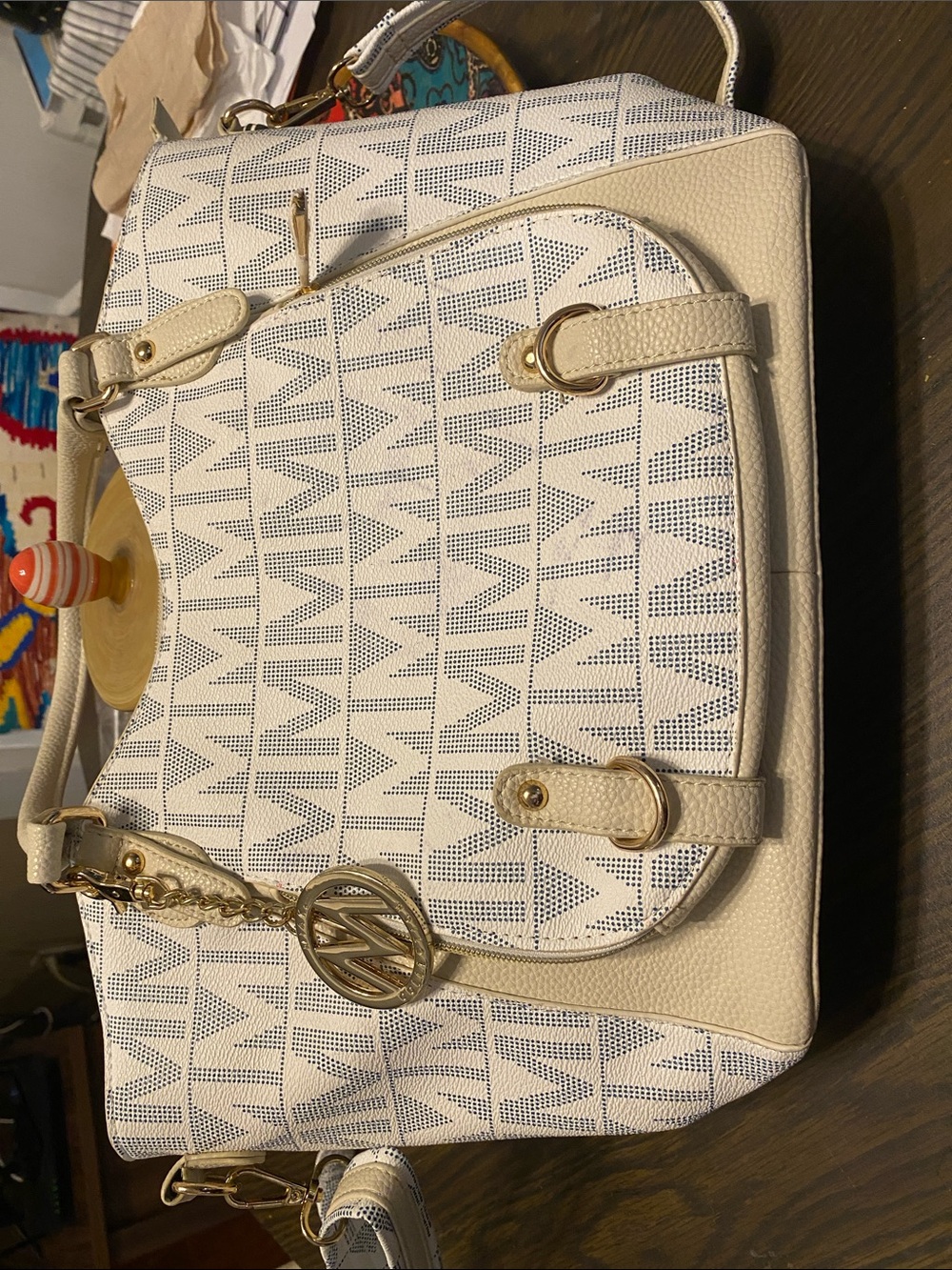 White Patterned Women's Satchel Bag with Gold Accents